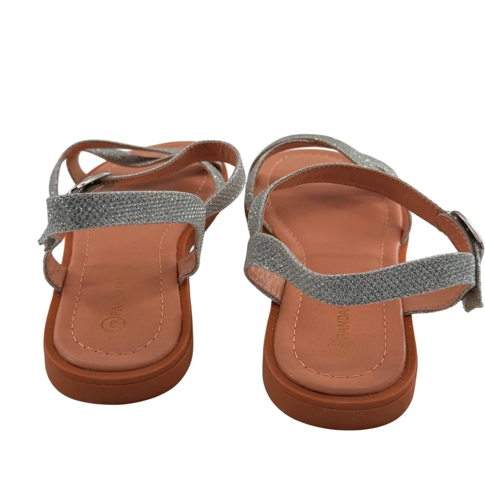 Girls Size 3 Elva Sandals Silver Glitter Strappy Buckle‎ Sparkle Shimmer Flat
